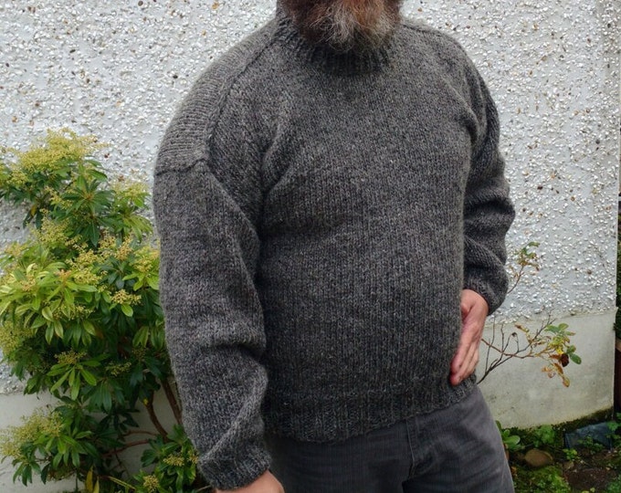 Irish Fisherman Sweater - dark gray - 100% raw organic wool - undyed - unprocessed - HAND KNITTED In IRELAND - ready for shipping