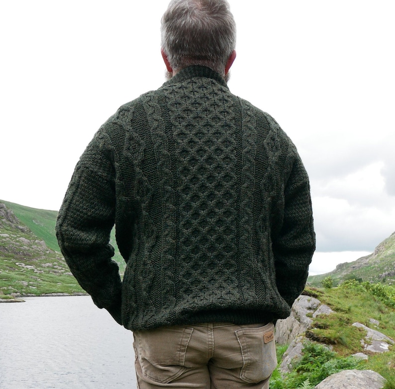 Traditional Aran Sweater 100% Pure New Wool / Pure Soft Merino Wool Dark Green Chunky & Heavy Proper Irish Sweater MADE IN IRELAND image 5