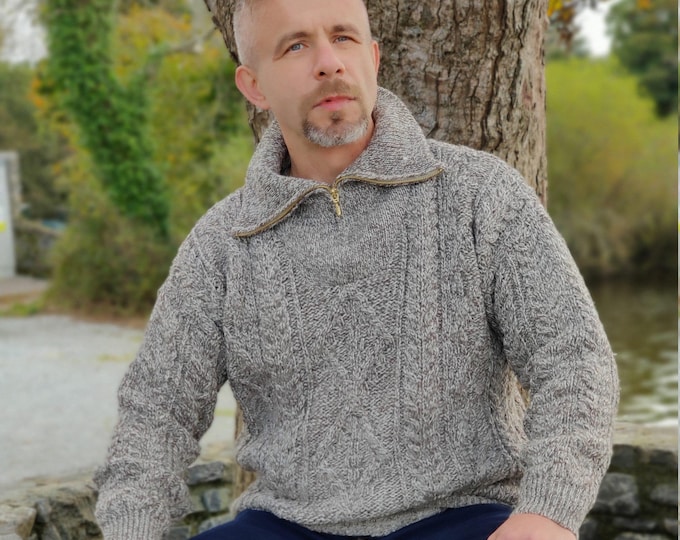 Oatmeal Irish Aran Half Zip Sweater, Heavyweight Pure New Wool, Made in Ireland