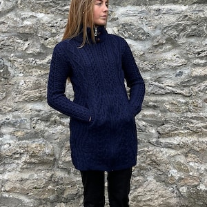 Irish Aran Ladies Zipper Long Cardigan / Jacket With Pockets 100% Pure Merino Wool Deep Water Blue / Navy Soft&Chunky MADE IN IRELAND image 7