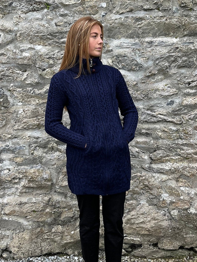 Irish Aran Ladies Zipper Long Cardigan / Jacket With Pockets 100% Pure Merino Wool Deep Water Blue / Navy Soft&Chunky MADE IN IRELAND image 7
