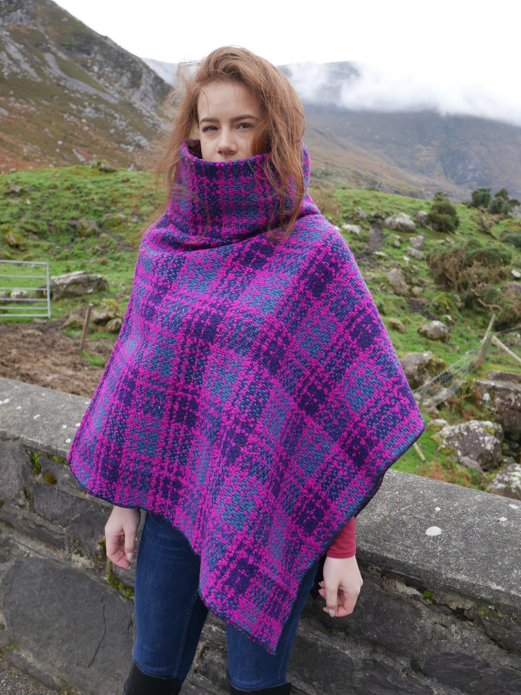 Irish tweed poncho/cape with turtleneck -100% wool-pink purple/navy ...