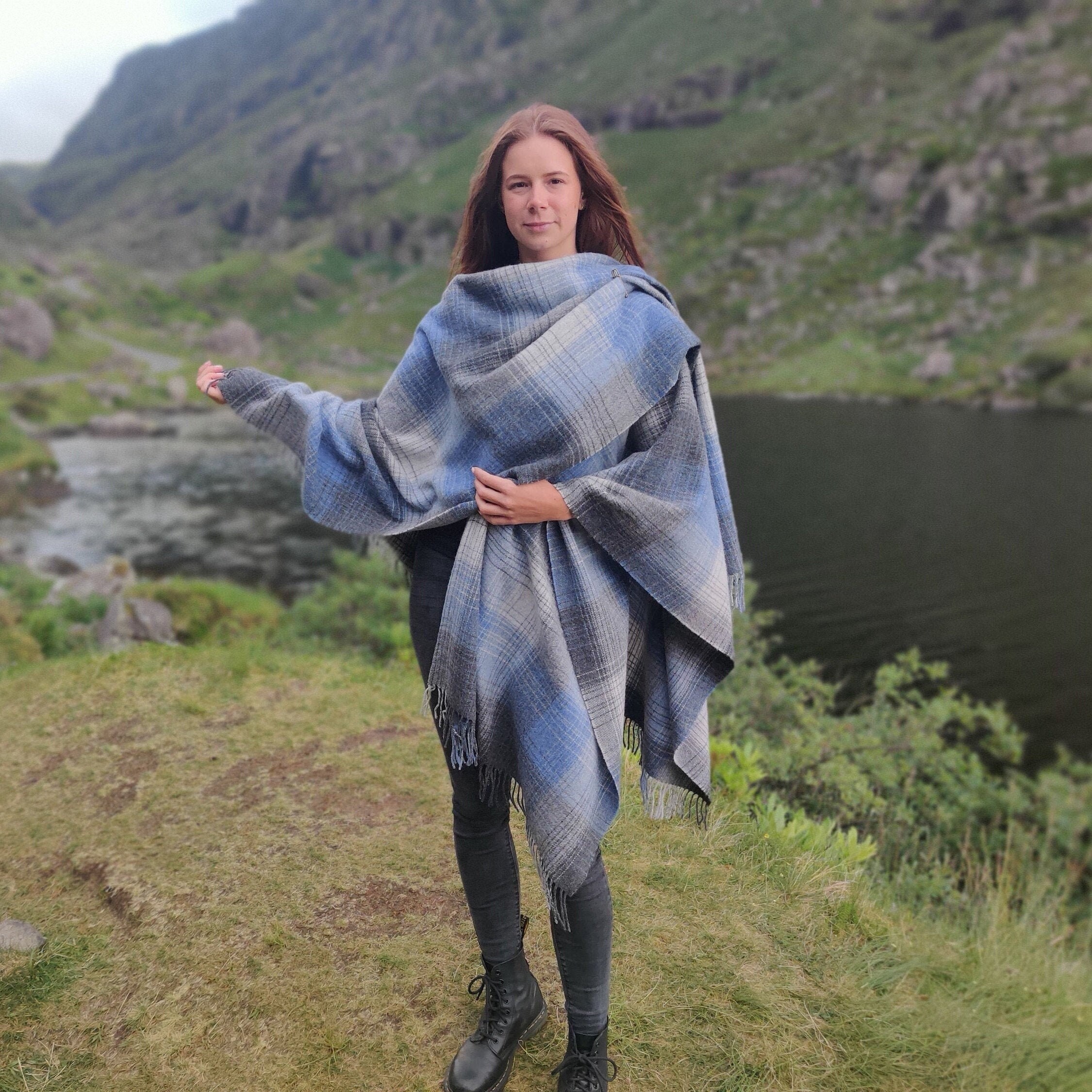 Irish Pure Lambswool Cape, Ruana, Wrap , Shawl - 100% Pure New Wool -  grey/blue check - supersoft - one size fits all - HANDMADE IN IRELAND