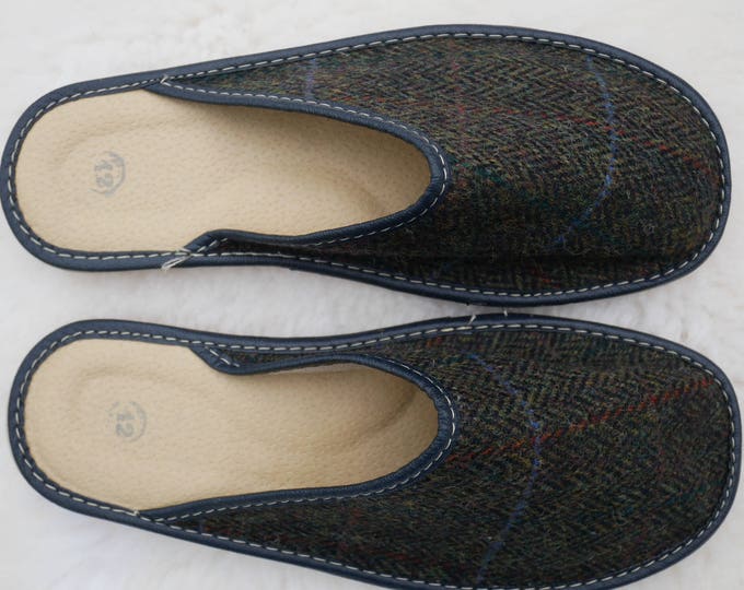 Irish Tweed & Genuine Leather or Real Wool Lining Slippers/House Shoes With Durable Sole- Moss Green Herringbone/Overcheck - MADE IN IRELAND