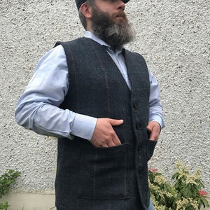 Traditional Irish Donegal Tweed Waistcoat - 100% Pure New Wool - Navy/Denim Herringbone with Overcheck - HANDMADE IN IRELAND