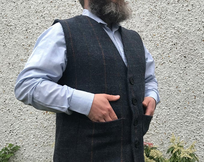 Traditional Irish Donegal Tweed Waistcoat - 100% Pure New Wool - Navy/Denim Herringbone with Overcheck - HANDMADE IN IRELAND