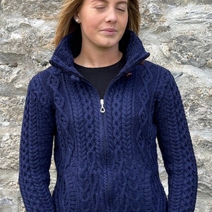 Irish Aran Ladies Zipper Long Cardigan / Jacket With Pockets 100% Pure Merino Wool Deep Water Blue / Navy Soft&Chunky MADE IN IRELAND image 1