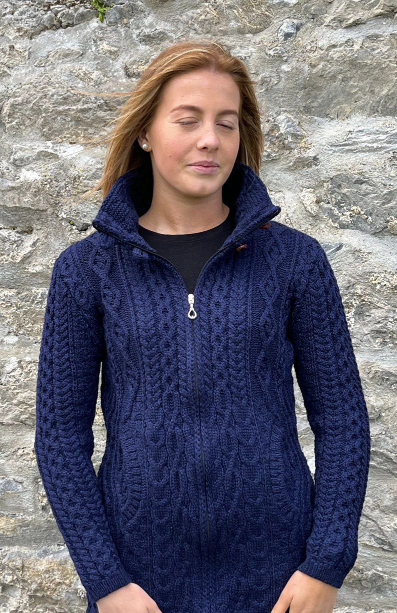 Irish Aran Ladies Zipper Long Cardigan / Jacket With Pockets 100% Pure Merino Wool Deep Water Blue / Navy Soft&Chunky MADE IN IRELAND image 1