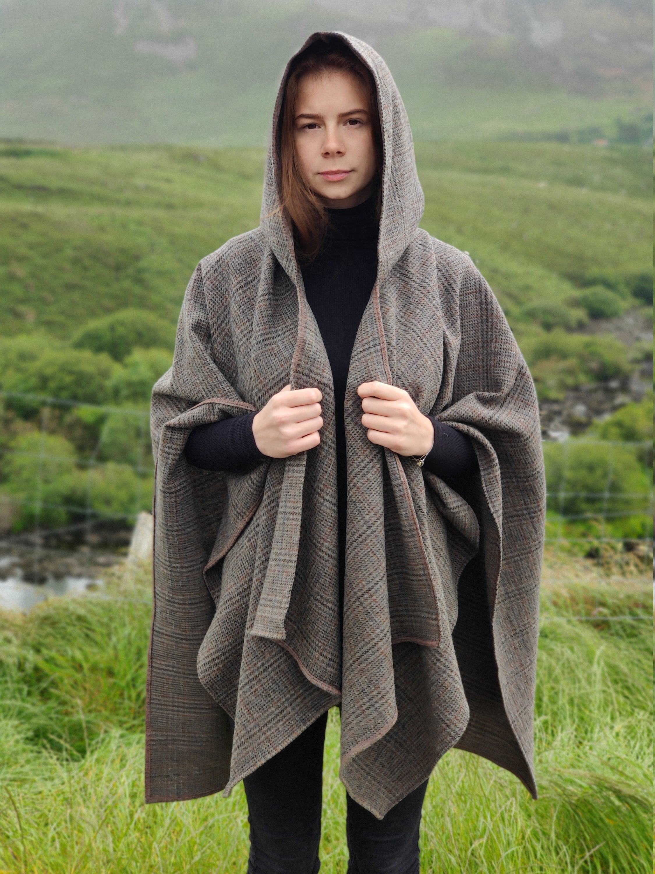 Irish woven wool hooded ruana wrap. cape, cloak, arisaid - grey/bronze ...