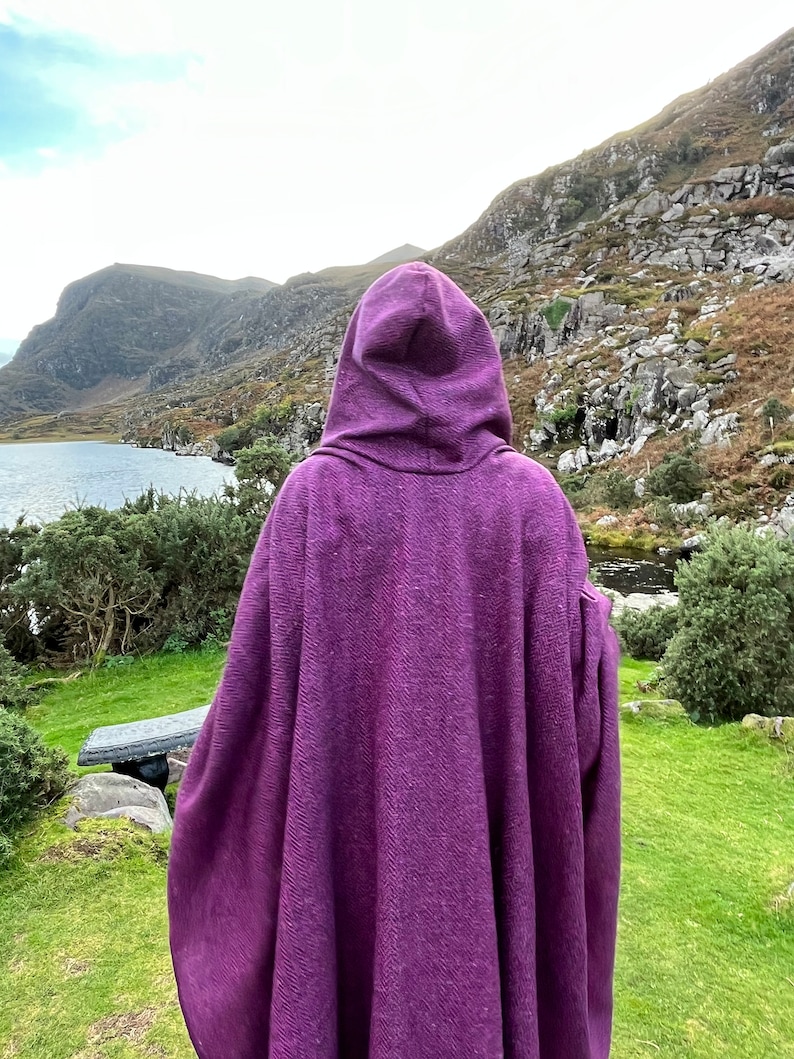 Irish Donegal Tweed Hooded Ruana, Wrap, Cape, Cloak, Robe - Purple Wine Herringbone - 100% Pure New Wool - Speckled - HANDMADE IN IRELAND image 10
