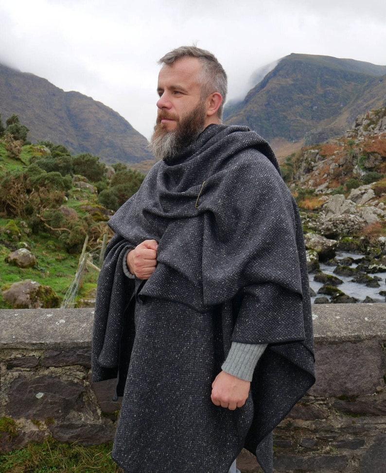 Irish Donegal Tweed Wool Ruana, Cape, Wrap, Cloak Charcoal/ Grey Salt & Pepper Herringbone Heavy Tweed Unisex HANDMADE IN IRELAND image 1