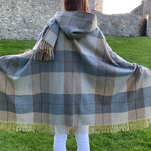 Hooded Supersoft Lambswool Cape, Ruana, Wrap , Shawl 100% Pure New Wool Cream Taupe Denim Check One Size Fits All HANDMADE IN IRELAND image 6