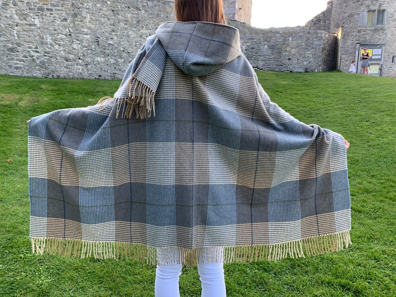 Hooded Supersoft Lambswool Cape, Ruana, Wrap , Shawl 100% Pure New Wool Cream Taupe Denim Check One Size Fits All HANDMADE IN IRELAND image 6