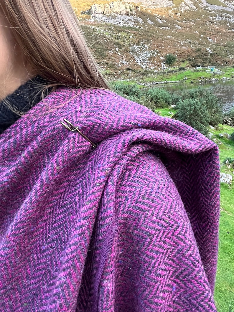 Irish Donegal Tweed Hooded Ruana, Wrap, Cape, Cloak, Robe - Purple Wine Herringbone - 100% Pure New Wool - Speckled - HANDMADE IN IRELAND image 2