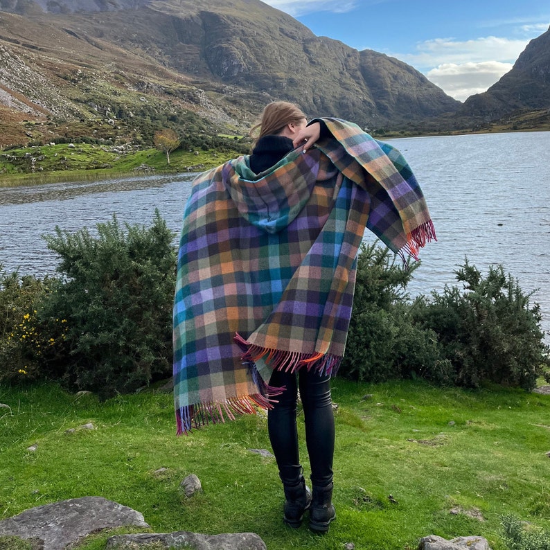 Hooded Supersoft Lambswool Cape, Ruana, Wrap , Shawl - 100% Pure New Wool - Multicolour Check - One Size Fits All - HANDMADE IN IRELAND image 5