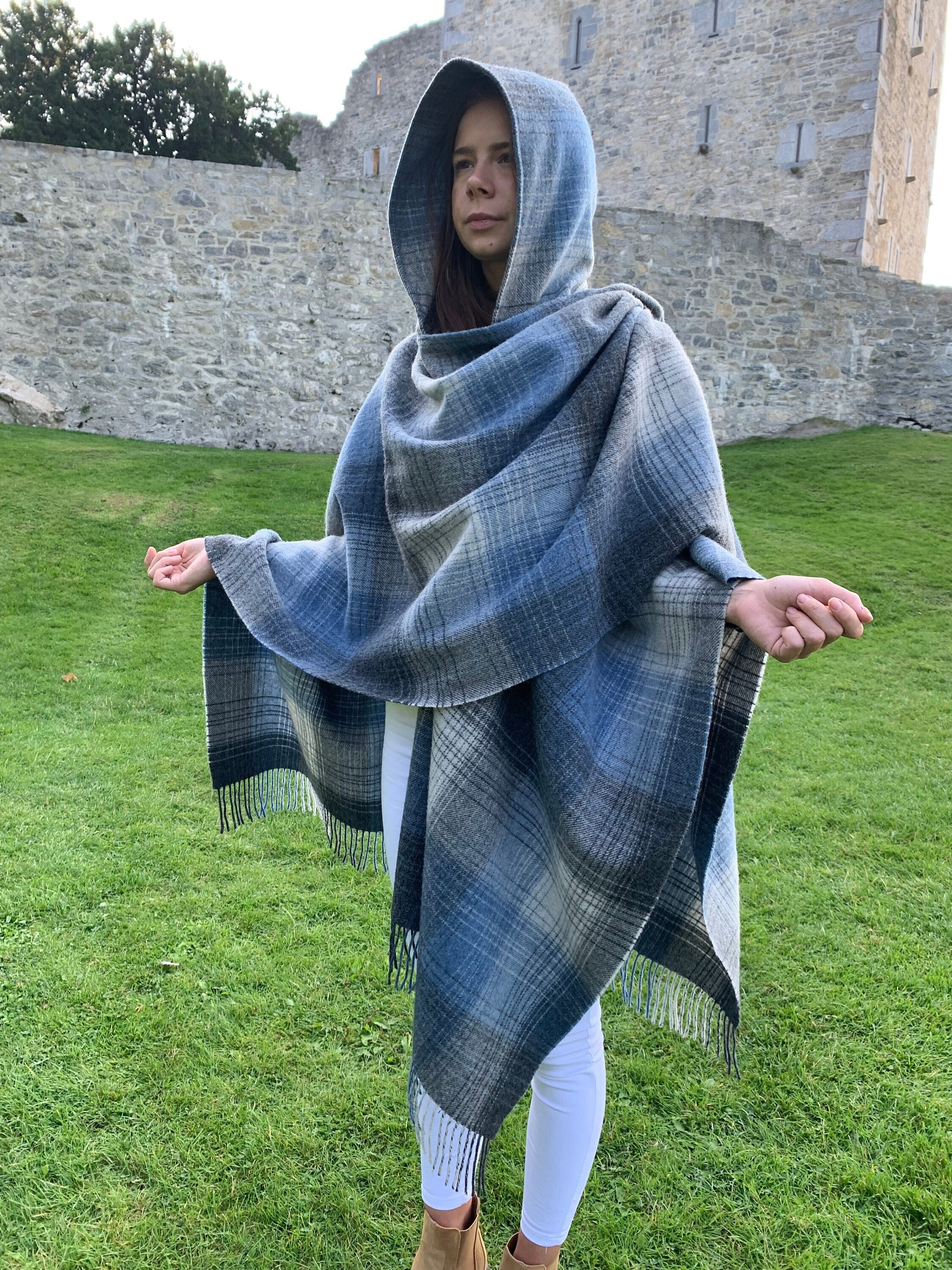 Hooded Irish Pure Lambswool Cape, Ruana, Wrap , Shawl - 100% Pure New Wool  - Grey Denim Check - Supersoft - HANDMADE IN IRELAND