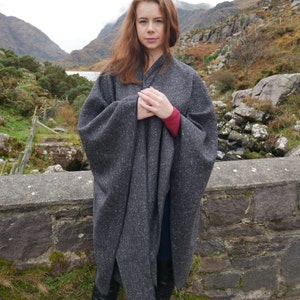 Irish Donegal Tweed Wool Ruana, Cape, Wrap, Cloak Charcoal/ Grey Salt & Pepper Herringbone Heavy Tweed Unisex HANDMADE IN IRELAND image 7