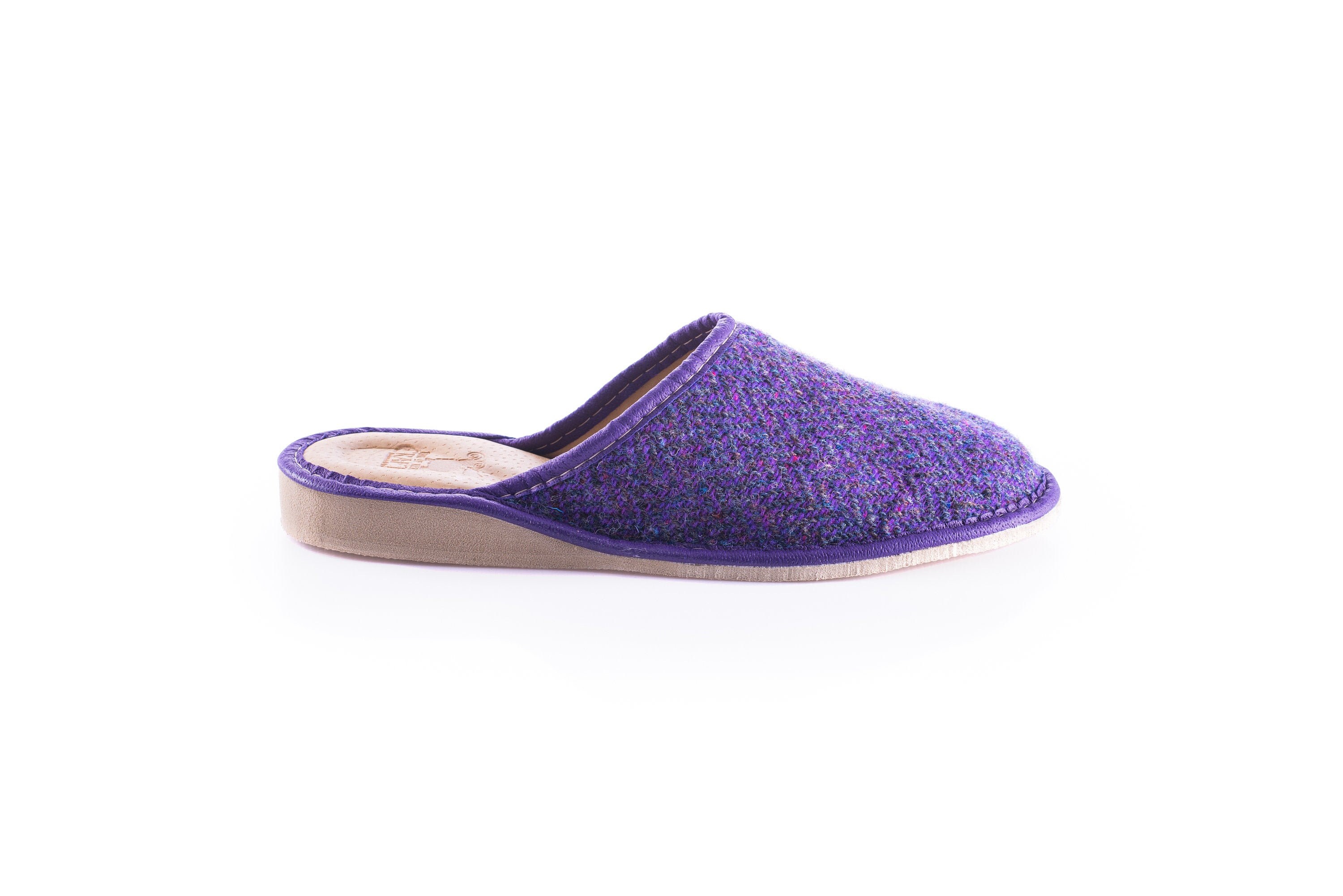 Womens Irish tweed & leather slippers - purple herringbone - HANDMADE ...