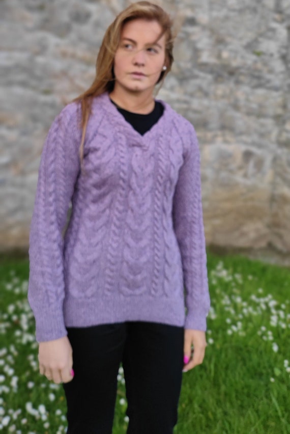 Ladies Irish Aran Cashmere Merino Wool Long Sweater Lavender Very Peri Purple V Neck Super Soft Warm Chunky HANDMADE IN IRELAND Etsy Canada