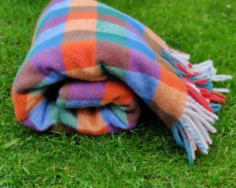 Irish Pure New Wool blanket, throw - multicolour block check - 100% Pure New Wool - 58” x 75” (145 x 190 cm) - MADE IN IRELAND