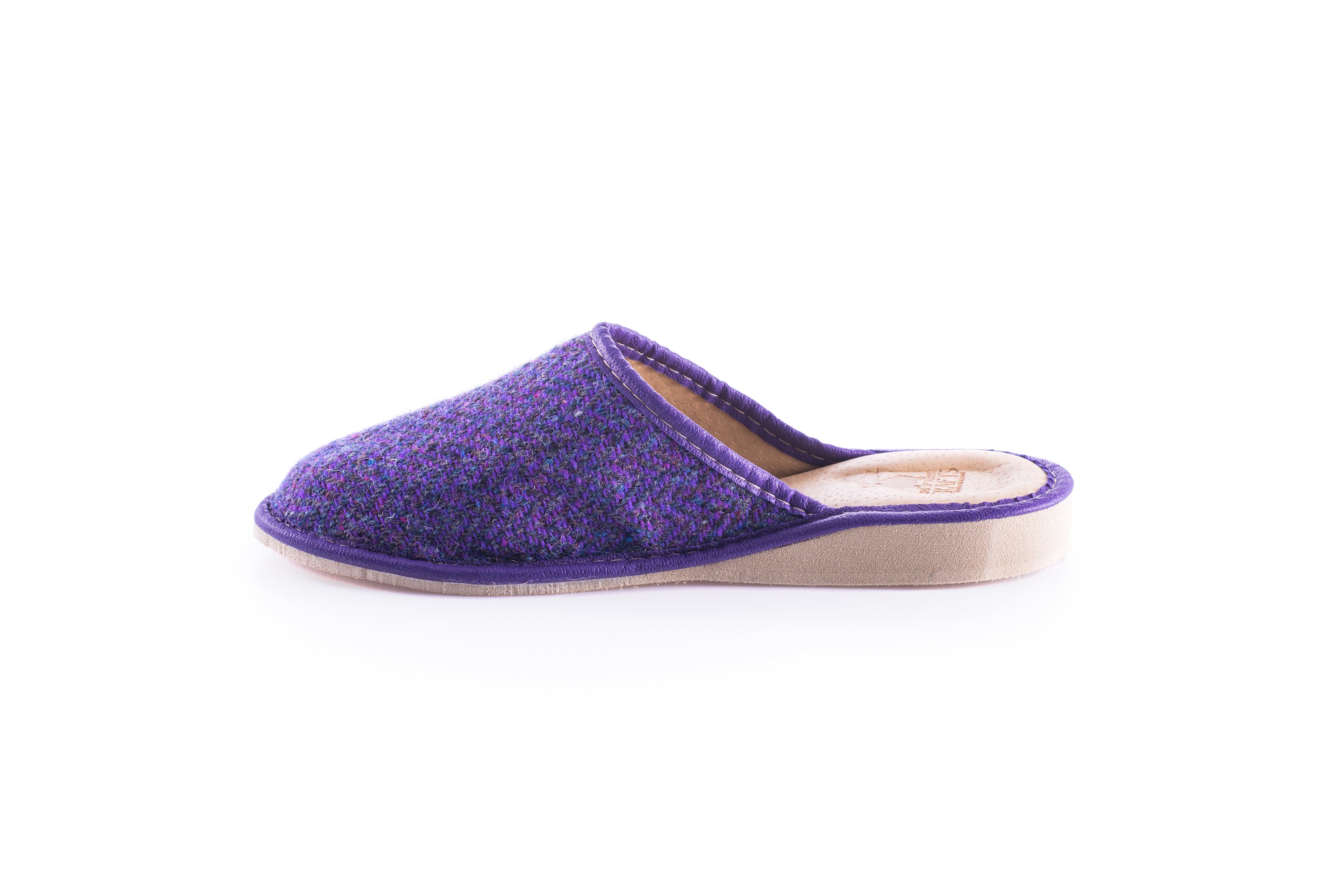 Womens Irish tweed & leather slippers - purple herringbone - HANDMADE ...