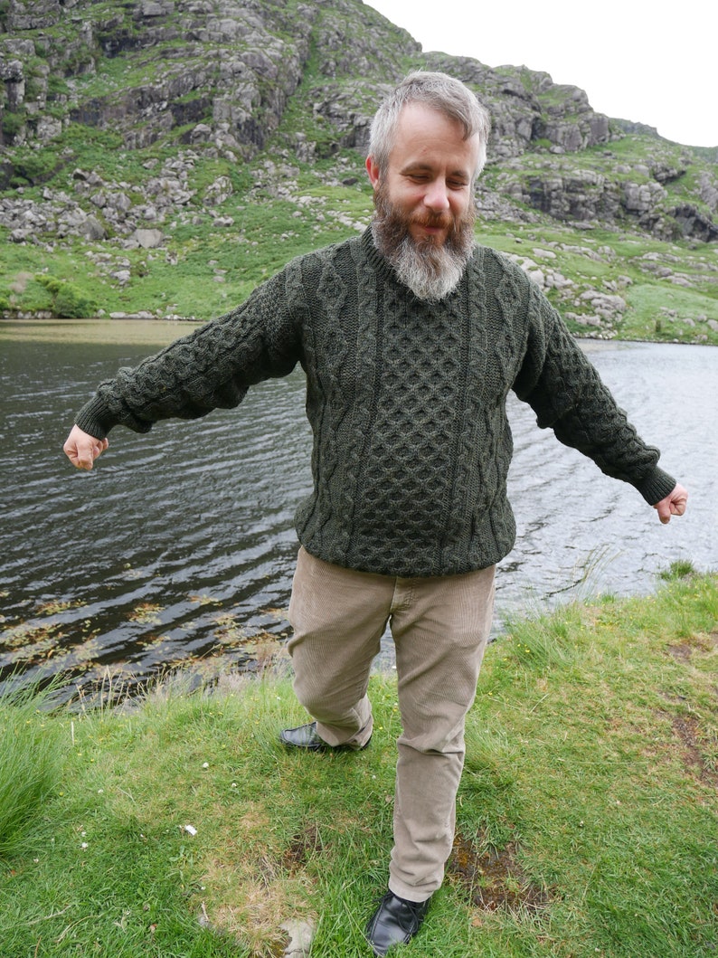 Traditional Aran Sweater 100% Pure New Wool / Pure Soft Merino Wool Dark Green Chunky & Heavy Proper Irish Sweater MADE IN IRELAND image 7