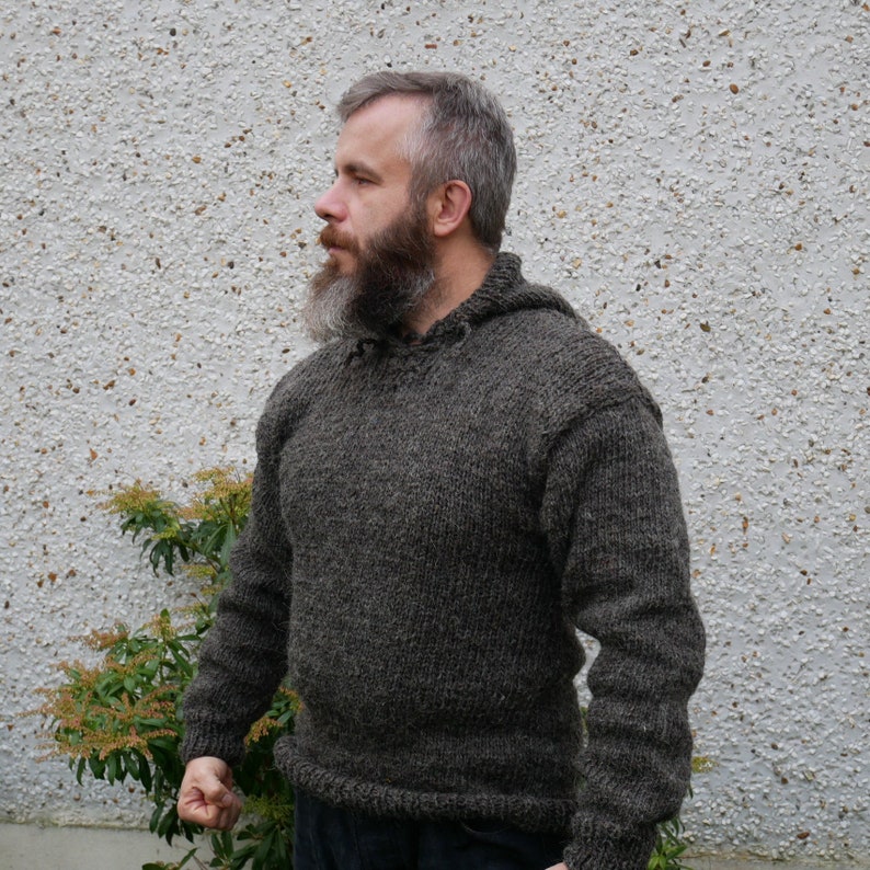 Authentic Irish Fisherman sweater-hooded-ribbed pattern-gray-100% raw wool-hand spoon yarn-unprocessed UNDYED Hand knitted in Ireland image 1