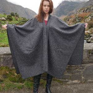 Irish Donegal Tweed Wool Ruana, Cape, Wrap, Cloak Charcoal/ Grey Salt & Pepper Herringbone Heavy Tweed Unisex HANDMADE IN IRELAND image 9