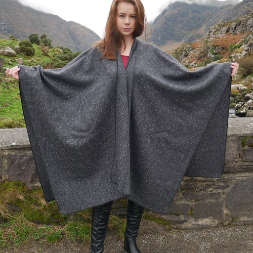 Irish Donegal Tweed Wool Ruana, Cape, Wrap, Cloak - Charcoal/Grey shops - Fleck Herringbone - 100% Pure New Wool - Unisex - HANDMADE IN IRELAND