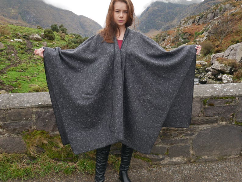 Irish Donegal Tweed Wool Ruana, Cape, Wrap, Cloak Charcoal/ Grey Salt & Pepper Herringbone Heavy Tweed Unisex HANDMADE IN IRELAND image 9