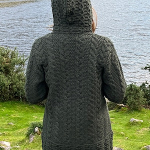 Irish Aran Long Hooded Cardigan With Pockets Dark Green Pure Merino Wool 100% Wool 2 Way Zipper Really Warm&Chunky MADE IN IRELAND image 9