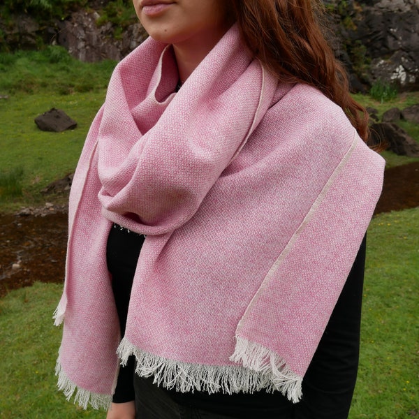 Irish tweed shawl,oversized scarf,stole-pink & white chevron- 100% wool -hand fringed -woven wool -  HANDMADE IN IRELAND