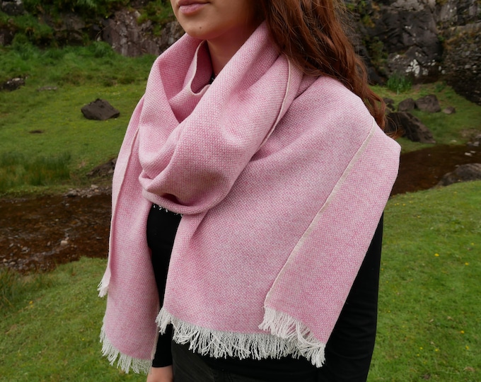 Irish tweed shawl,oversized scarf,stole-pink & white chevron- 100% wool -hand fringed -woven wool -  HANDMADE IN IRELAND