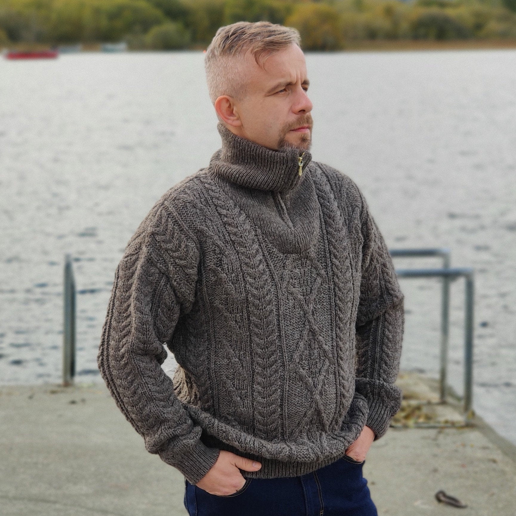 Organic Irish Wool Aran Half Zip Sweater - Dark Jacob - Undyed - 100% ...