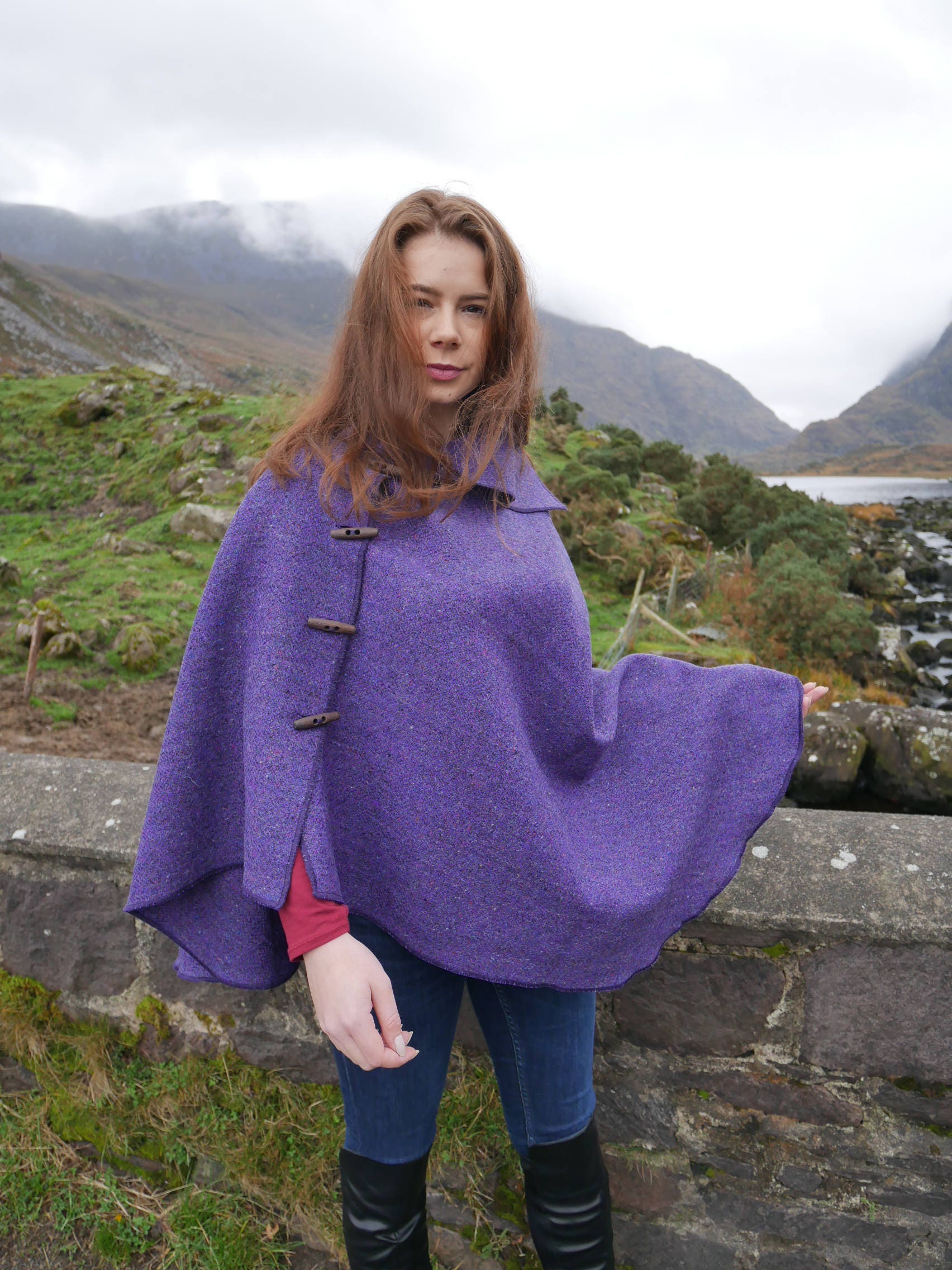 Versatile 3in1 - Irish Donegal Tweed wool poncho, cape & shawl - Purple ...