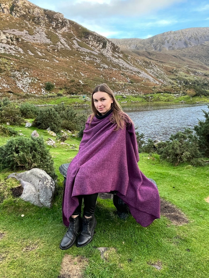Irish Donegal Tweed Hooded Ruana, Wrap, Cape, Cloak, Robe - Purple Wine Herringbone - 100% Pure New Wool - Speckled - HANDMADE IN IRELAND image 9