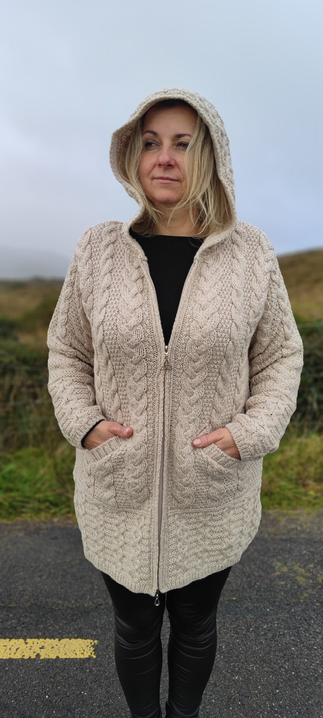 Irish Aran Long Hooded Cardigan With Pockets Cream oatmeal pure Merino Wool 100 Wool 2 Way Zipper really Warm chunky MADE IN IRELAND Etsy UK
