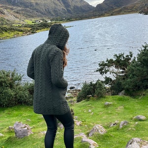 Irish Aran Long Hooded Cardigan With Pockets Dark Green Pure Merino Wool 100% Wool 2 Way Zipper Really Warm&Chunky MADE IN IRELAND image 8