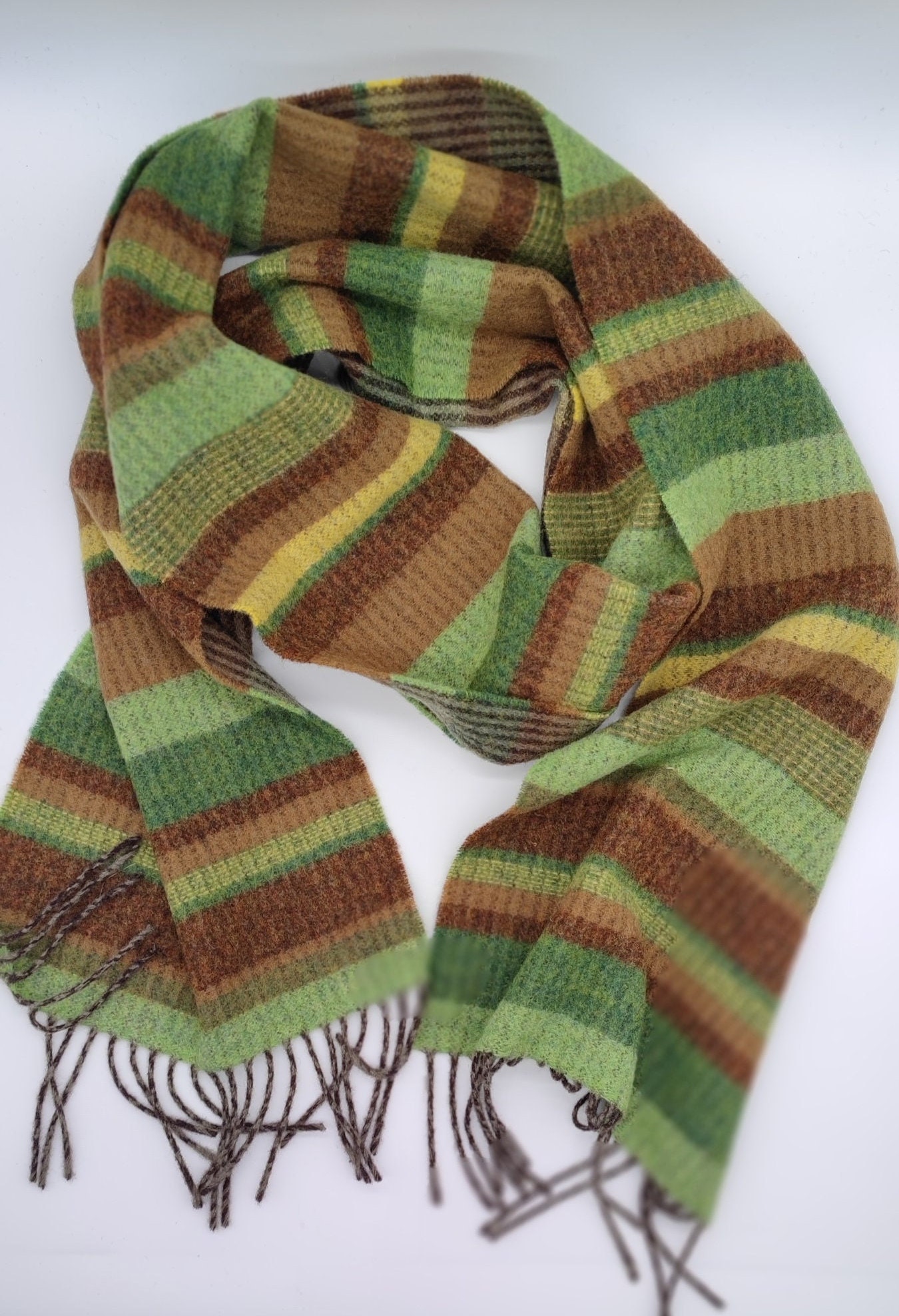 Irish Soft Lambswool Scarf - 100% Pure New Wool - Reversible - Brown/Green/Bronze  - Striped - 10 X 78 (25cmX200cm) - HANDMADE IN IRELAND