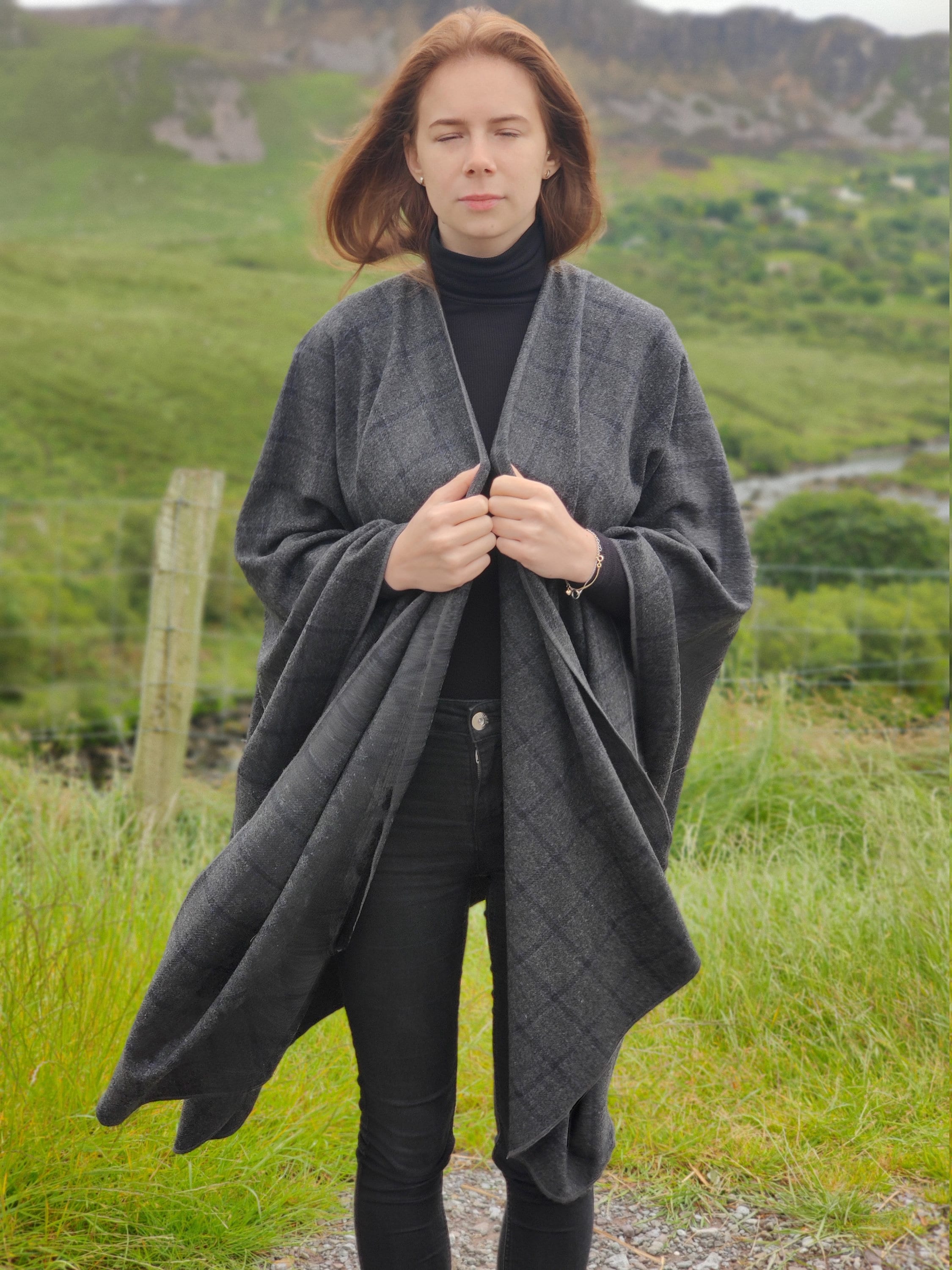 Irish tweed wool ruana, wrap, cape, cloak, arisaid -dark grey with ...