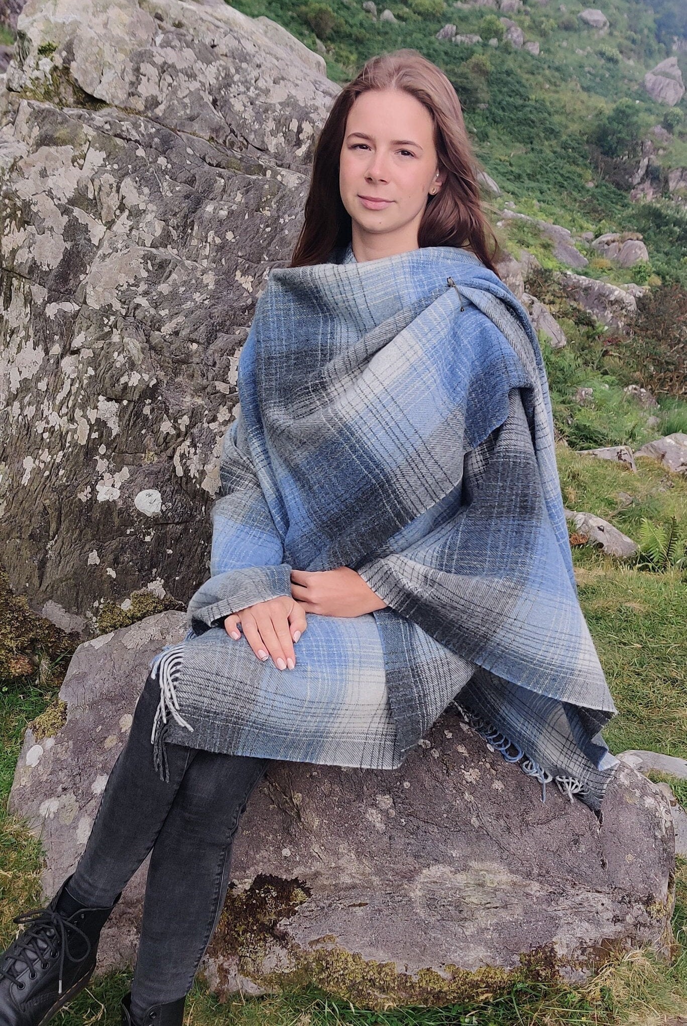 Hooded Irish Pure Lambswool Cape, Ruana, Wrap , Shawl - 100% Pure New Wool  - Grey Denim Check - Supersoft - HANDMADE IN IRELAND