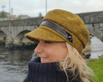 Women's Irish Tweed Newsboy Hat, Yellow Herringbone Wool, Handmade in Ireland