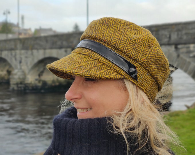 Women's Irish Tweed Newsboy Hat, Yellow Herringbone Wool, Handmade in Ireland