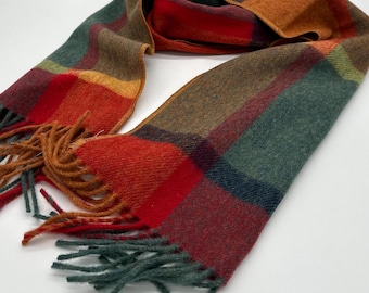 Handmade Irish Lambswool Scarf - Soft Pure New Wool, Plaid Pattern with 8cm Fringes, Ethically Sourced, 71inches x 13 inches
