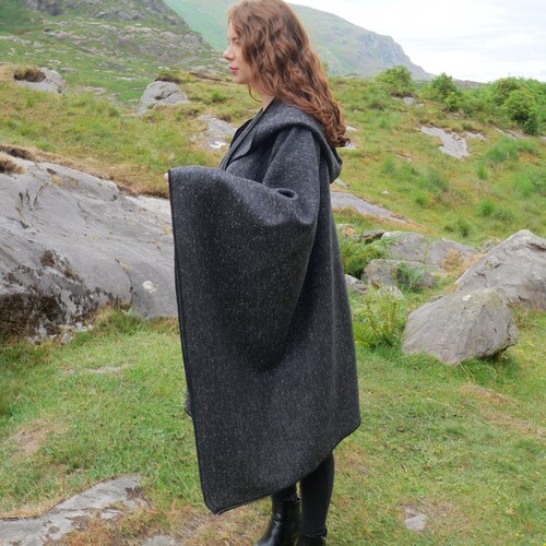 Irish Donegal Tweed Wool Hooded Ruana, Cape - Charcoal/Grey Salt & Pepper - Speckled -100% Pure New Wool - heavy tweed shops - HANDMADE IN IRELAND