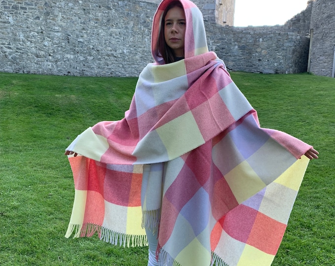 Hooded Irish Pure Lambswool Cape, Ruana, Wrap , Shawl - 100% Pure New Wool -Pale/Blue/Pink/Lemon Block Check -Supersoft -HANDMADE IN IRELAND