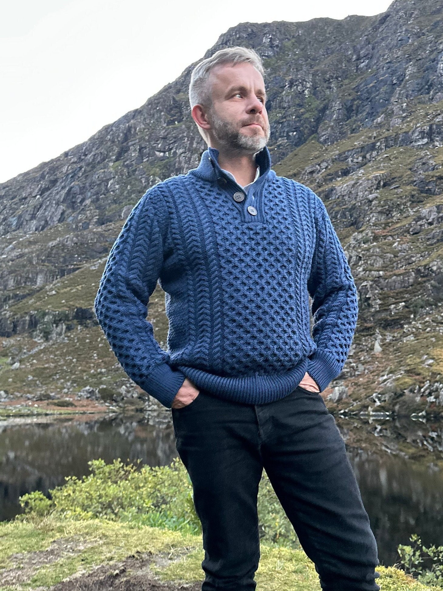 Traditional Irish Aran Sweater - 100% Pure Merino Wool - Buttoned