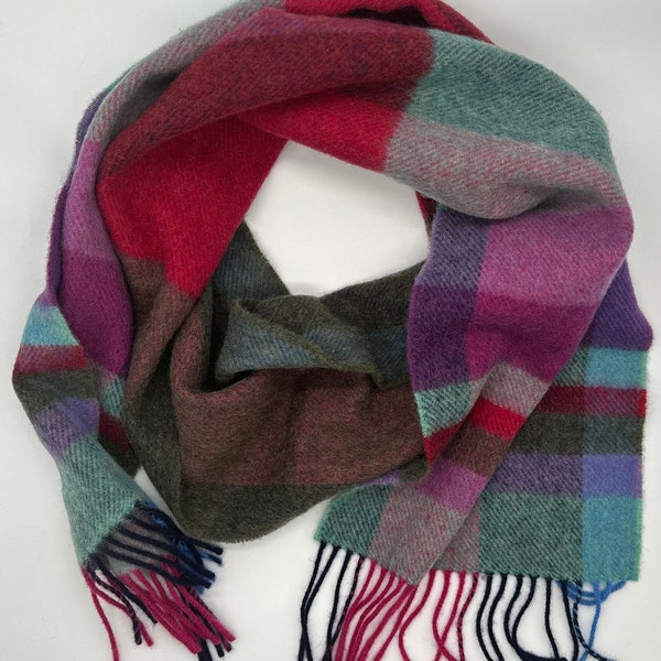 Irish Soft Lambswool Scarf - 100% Pure New Wool - multicolour eye catching Tartan Plad Check- 24 x 200cm - very soft  - HANDMADE IN IRELAND