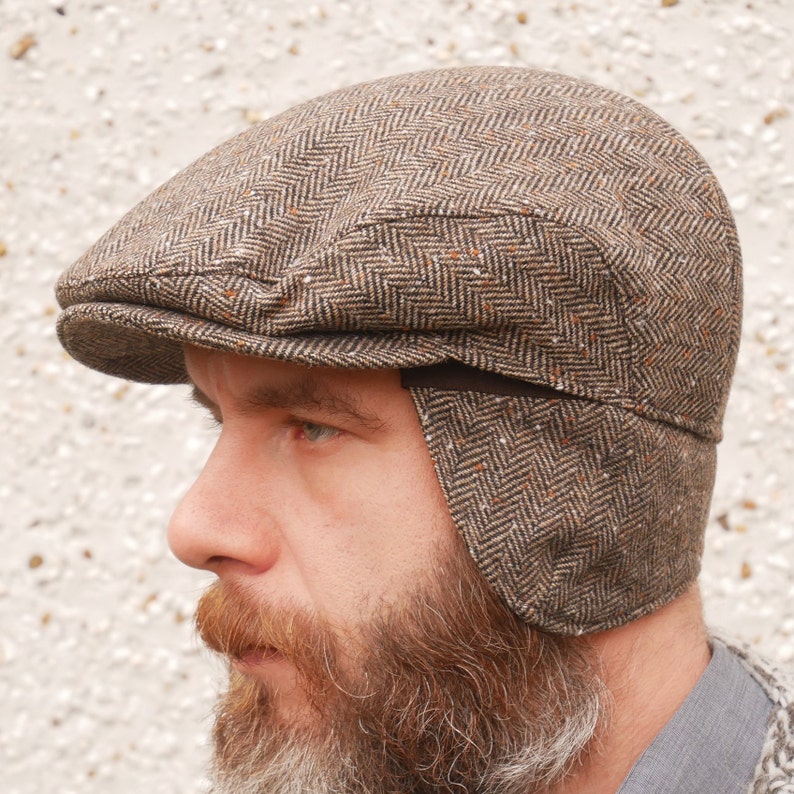 Traditional Irish tweed flat cap with foldable ear flaps-brown | Etsy