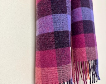 Handmade Irish Wool Plaid Scarf in Vibrant Pink & Purple Check - Cozy and Stylish with Fringe, Perfect Gift for Her
